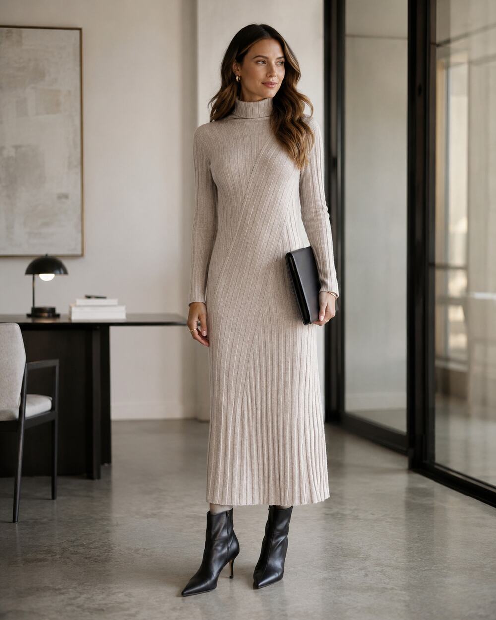 Reiss Cady Neutral Wool Cashmere Ribbed Roll Neck Midi Dress S